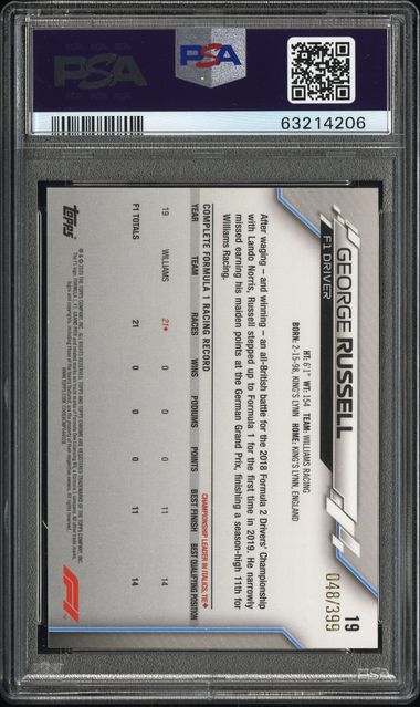 2020 TOPPS CHROME FORMULA 1 #19 GEORGE RUSSELL PURPLE REFRACTOR /399 PSA 8