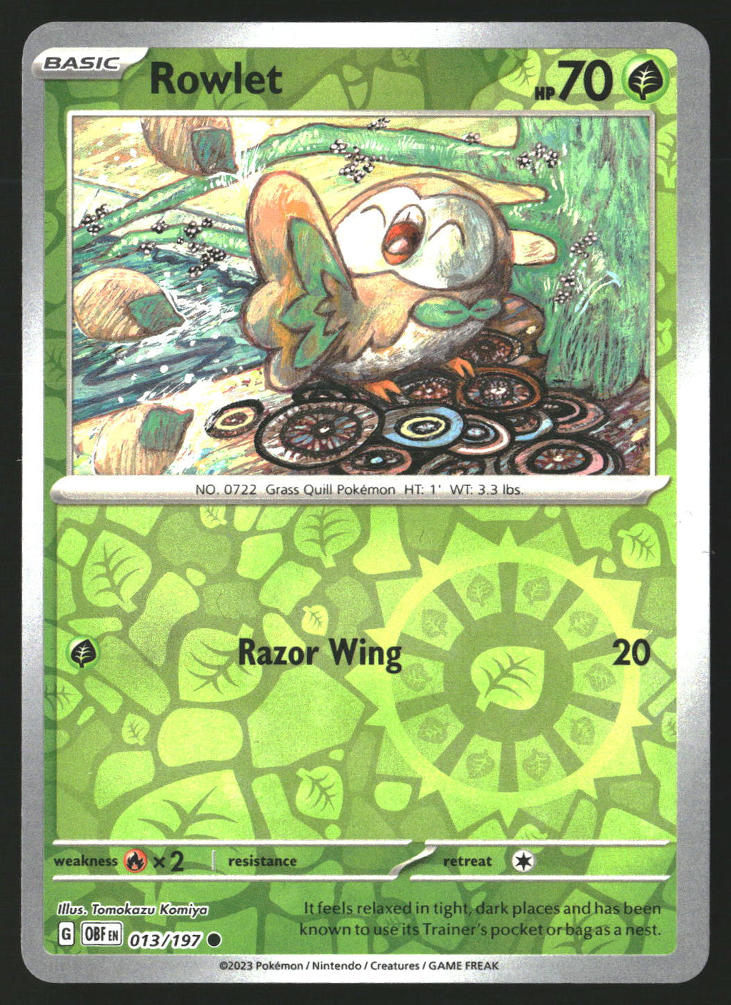 Rowlet #013/197 Common,Reverse Holo SV03: Obsidian Flames