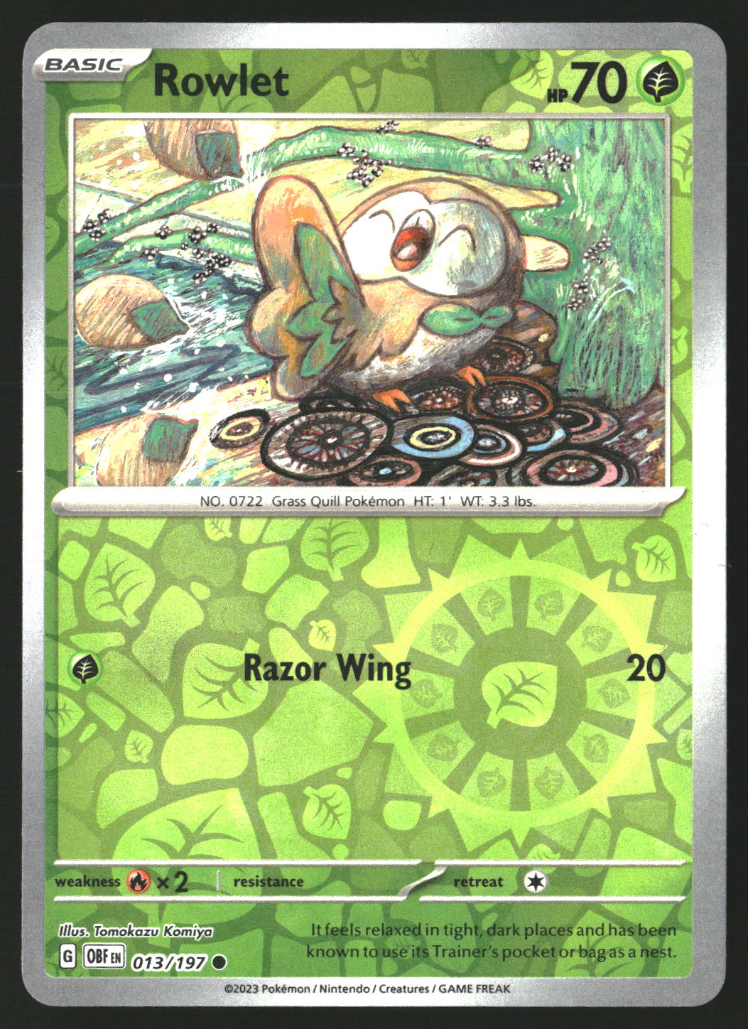 Rowlet #013/197 Common,Reverse Holo SV03: Obsidian Flames