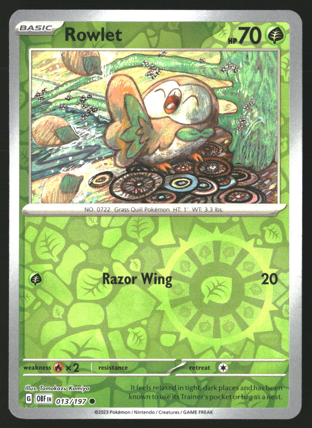 Rowlet #013/197 Common,Reverse Holo SV03: Obsidian Flames