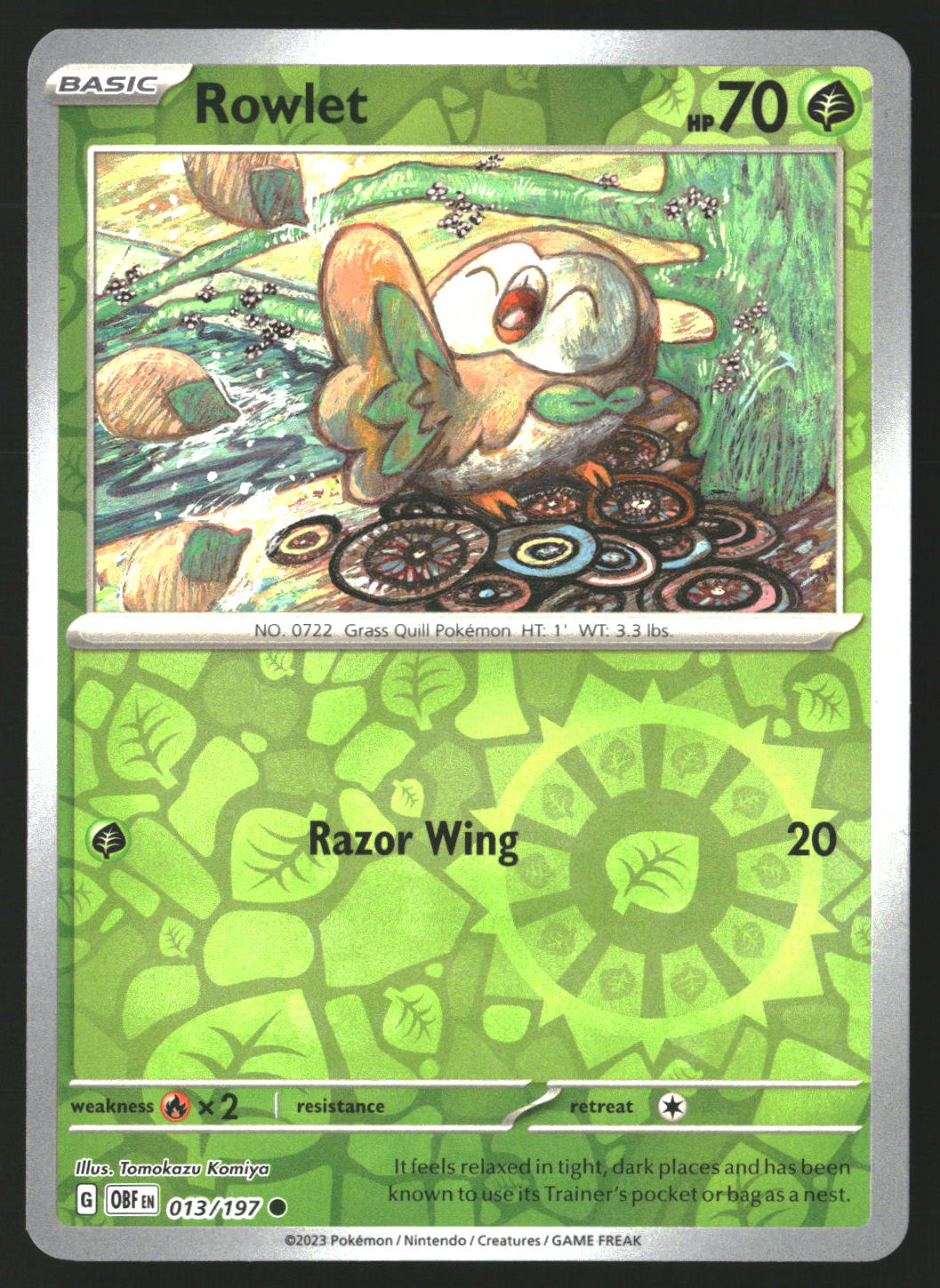 Rowlet #013/197 Common,Reverse Holo SV03: Obsidian Flames