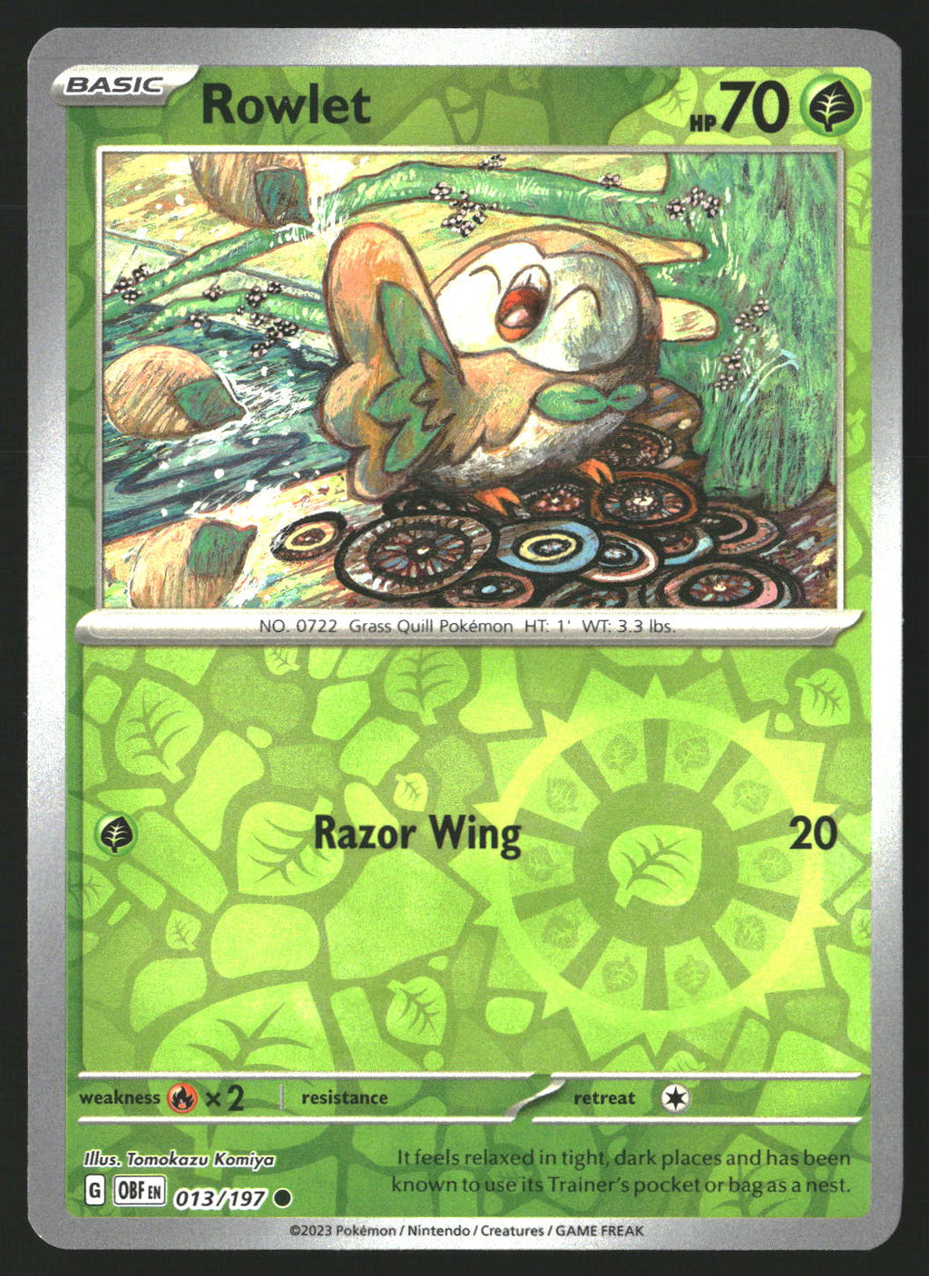 Rowlet #013/197 Common,Reverse Holo SV03: Obsidian Flames