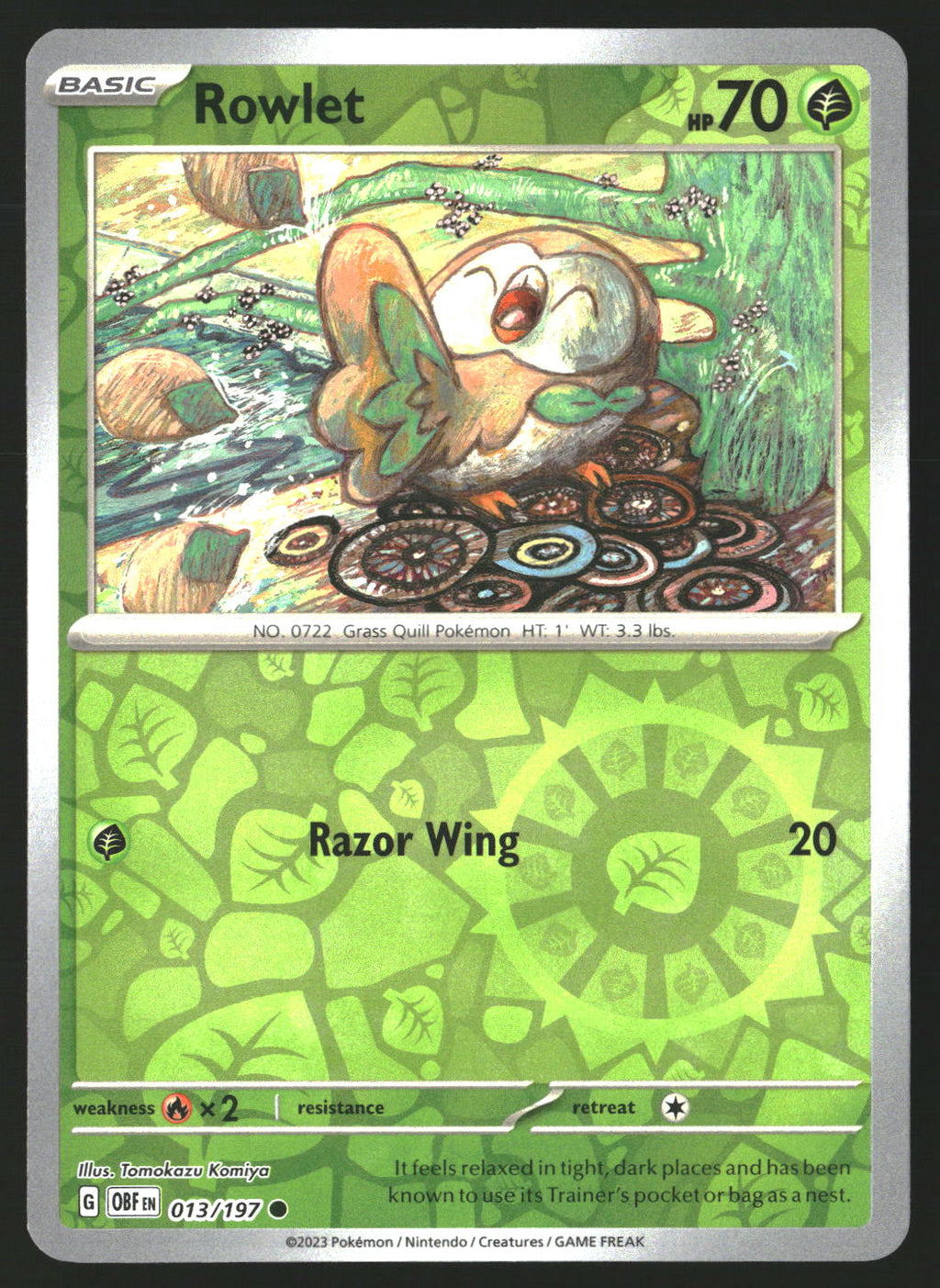Rowlet #013/197 Common,Reverse Holo SV03: Obsidian Flames