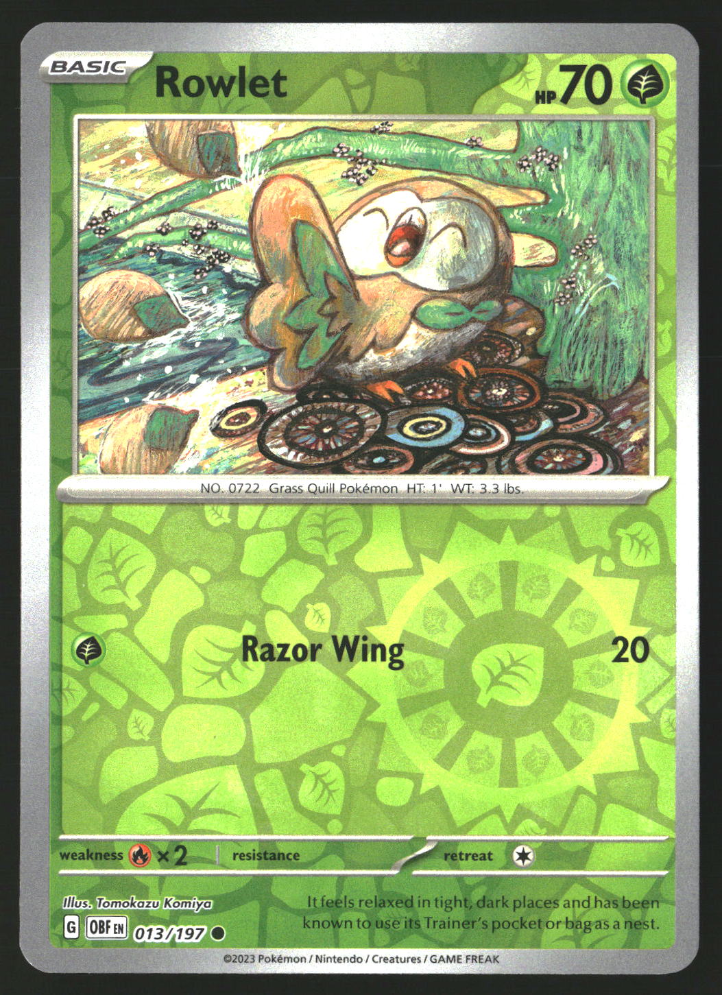 Rowlet #013/197 Common,Reverse Holo SV03: Obsidian Flames