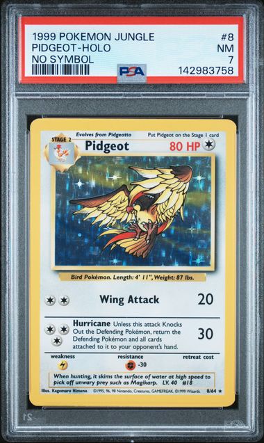 PIDGEOT POKEMON 8/64 1999 JUNGLE HOLO RARE NO SYMBOL ERROR ENGLISH PSA 7