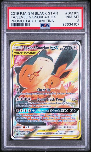 2019 POKEMON SM BLACK STAR PROMO #SM169 FA/EEVEE & SNORLAX GX PROMO-TAG TEAM TINS PSA 8