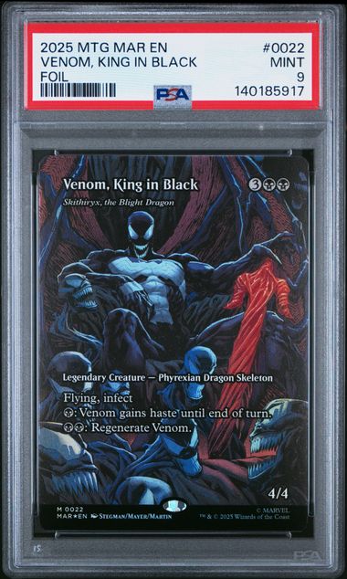 2025 MAGIC THE GATHERING MARVEL'S SPIDER-MAN: SOURCE MATERIAL #0022 VENOM, KING IN BLACK FOIL PSA 9