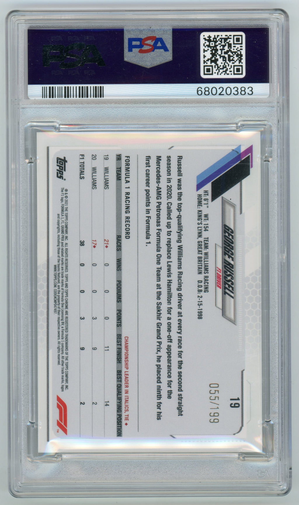 2021 TOPPS CHROME FORMULA 1 #19 GEORGE RUSSELL PURPLE CHECKER FLAG REF PSA 10