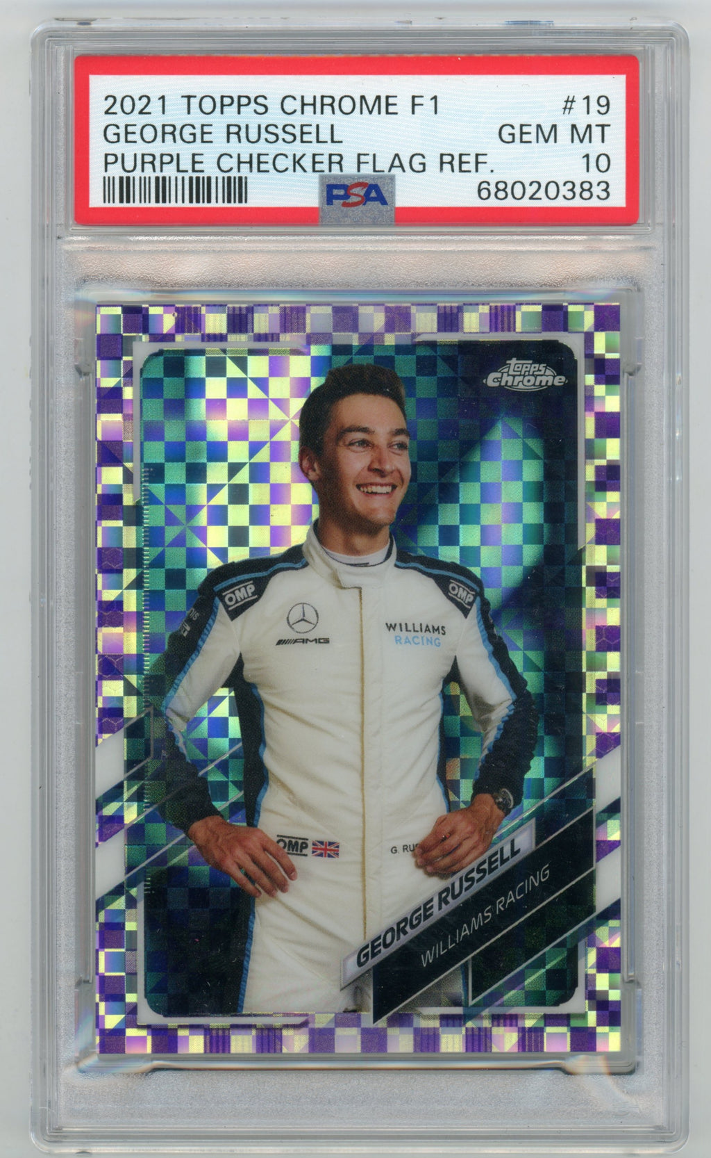 2021 TOPPS CHROME FORMULA 1 #19 GEORGE RUSSELL PURPLE CHECKER FLAG REF PSA 10