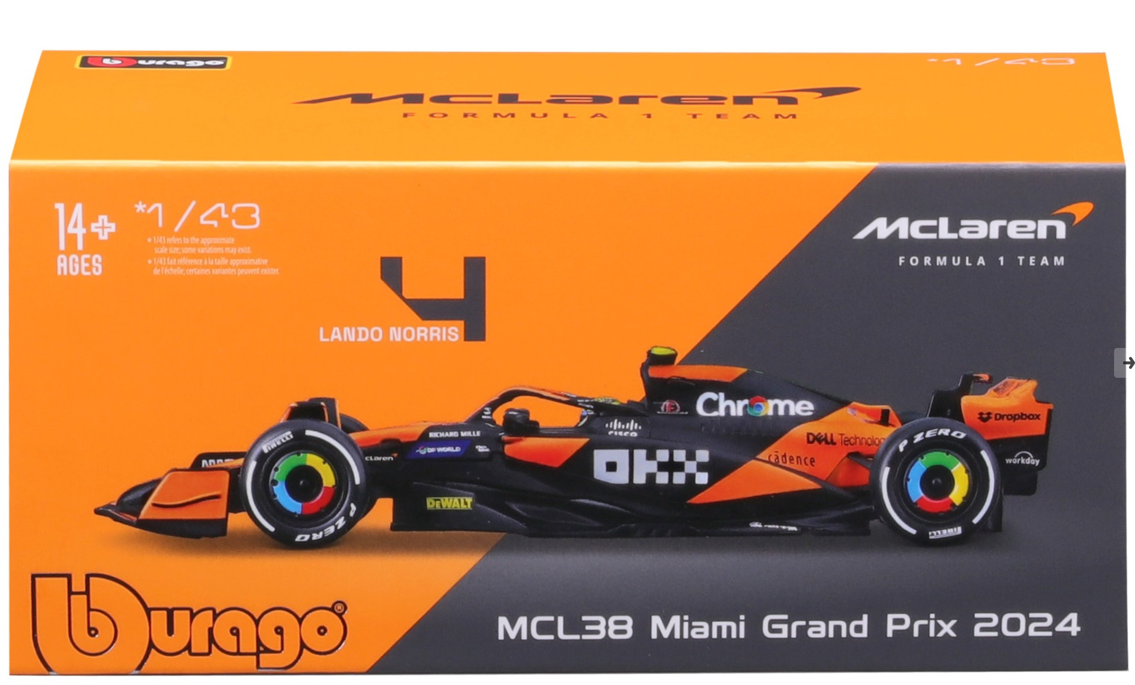 Bburago F1 with Helmet 1:43 2024 F-1 McLaren MCL 38 #4 Norris with Helmet