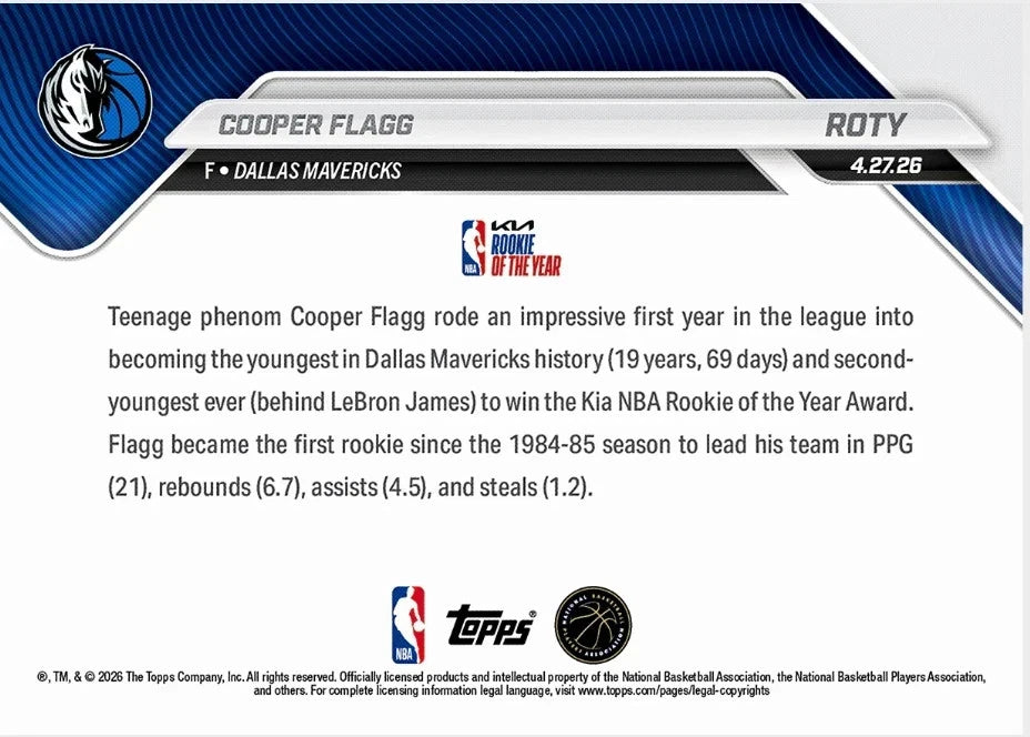 2025-26 Topps Now NBA Cooper Flagg RC Rookie Of The Year #ROTY